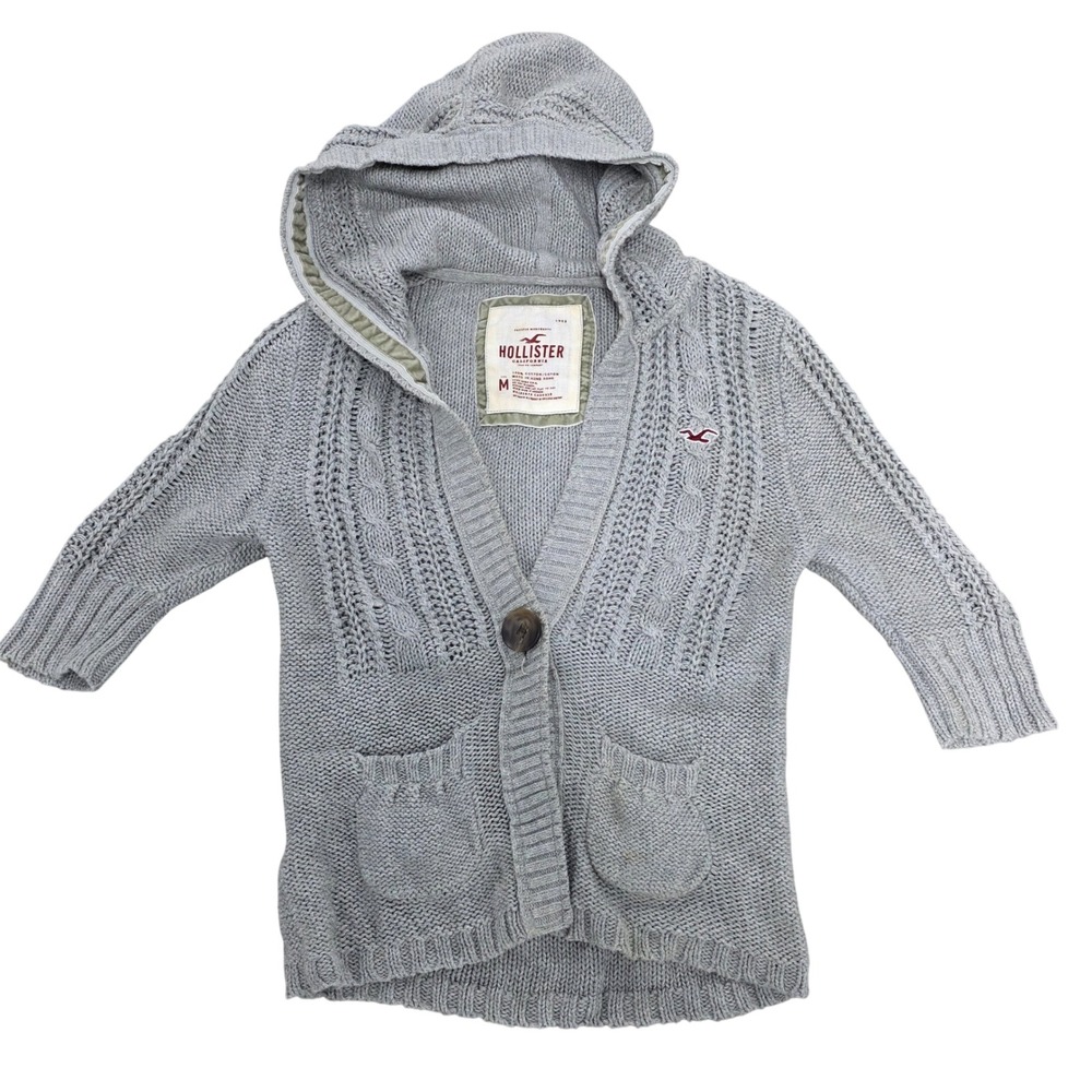 Vtg Y2K Hollister Gray Cable Knit Hooded Cardigan Button Front Pockets Women Med